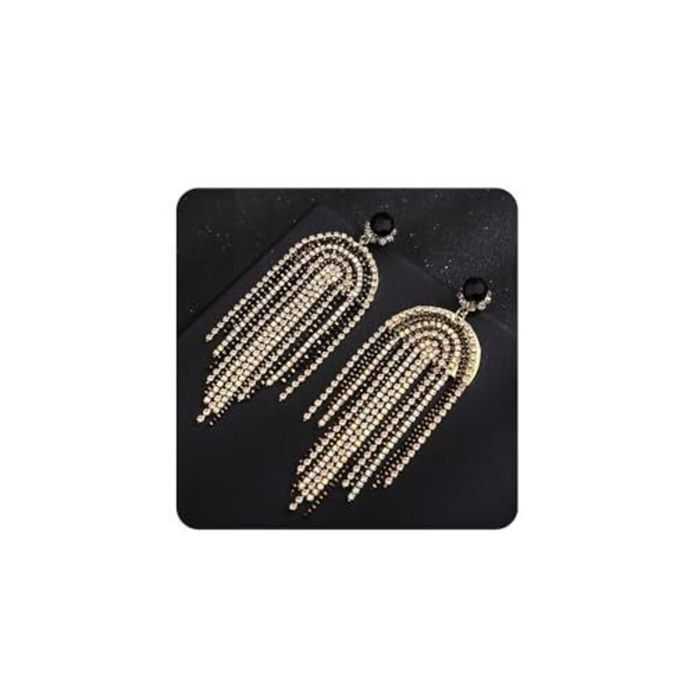 5279 Black Rhinestones Beads Gold Chandelier Earrings Fringe Dangle Drop